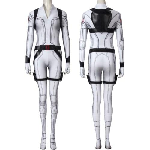 Adult Women Superheroine Widow Natasha Romanoff White Battle Jumpsuit Cosplay Costume Halloween Masquerade Printing Bodysuit