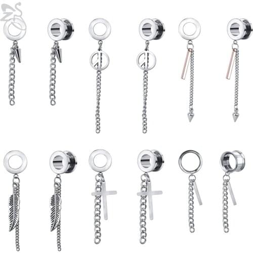 ZS Stainless Steel Ear Plugs and Tunnels Dangle Flesh Tunnels Body Piercing Jewelry Cross Ear Expander Screw Ear Gauges 5-22MM
