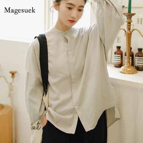 Women Literary Versatile Casual Tops Solid Cardigan Shirts Autumn Stand-up Collar Long Lantern Sleeve Blouse Blusas Mujer 11504