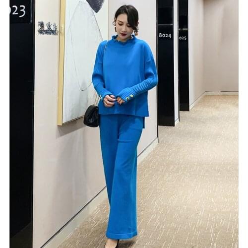 Womens Knitted Suits Autumn Winter Knitted Pants+Loose Thick Sweaters Wide Leg Pants Trousers Two-piece Set