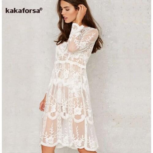 Kakaforsa 2019 Sexy Lace Beach Cover Up White Hollow Out Perspective Summer Robe De Plage Floral Embroidery Swimsuit Cover Up
