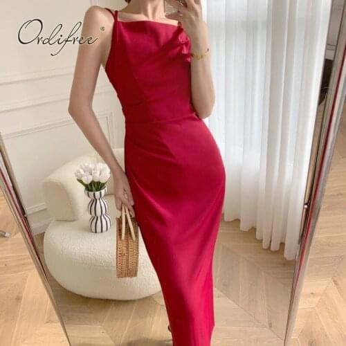 Ordifree 2021 Summer Burgundy Dress Women Long Party Dress Sexy Bodycon Backless Red Slit Maxi Dress