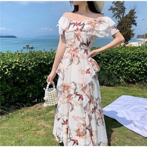 2021 New Fashion Summer Runway Holiday Maxi Dress Women Off Shoulder Ruffles Flower Printed Chiffon Female Boho Beach Long Dress