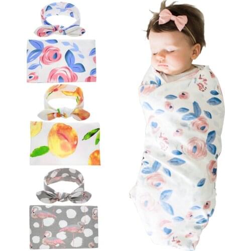 2Pcs/Set Baby Fashion Printed Floral Swaddle Blanket Newborn Sleeping Swaddle Muslin Wrap With Bows Headband
