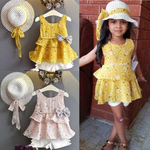 2020 Toddler Baby Girl Clothes Kids Floral Ruffle Sleeveless T-shirt Tops Vest + White Shorts Pants+Sun Hat Summer Girls Outfits