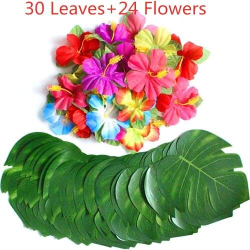 54 Pcs Monstera Artificial Palm Leaves Tropical Plant Hibiscus Faux Stems Hawaiian Party Decorations Jungle Beach Theme Table