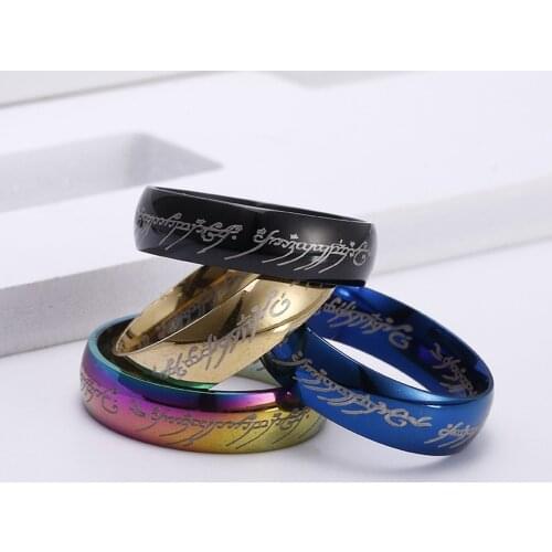 Letters Magic Pattern Rings 8mm Wide 5colors Titanium Steel Vintage Man King Band Fashion Ring Jewelry Finding Accessories