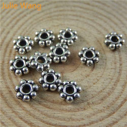 Julie Wang 100PCS Flower Shape Spacer Beads Antique Silver Color Alloy Charms Jewelry Making Bracelet Necklace DIY Findings