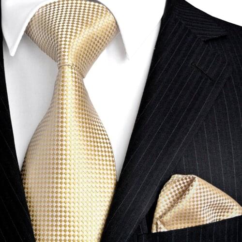 Wholesale Solid Checked Floral Light Yellow Champagne Gold Mens Ties Set Neckties Pocket Square 100% Silk Jacquard Woven