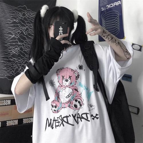 Cotton Dark Style Bear Print Harajuku Short-sleeved Womens T-shirt Korean Version of Loose Summer Ins Men and Women Couples Y2k