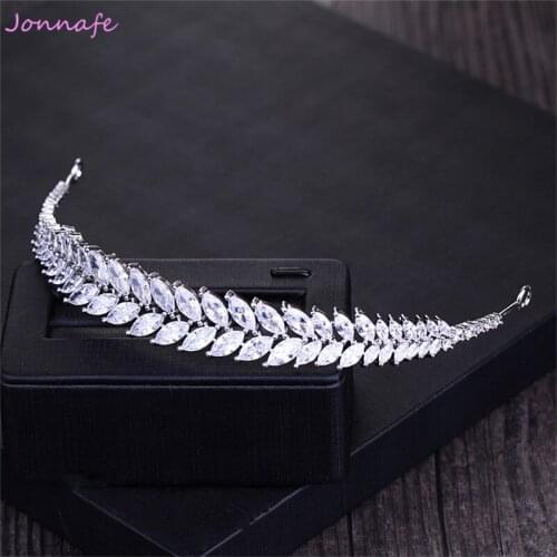 Jonnafe Simple AAA Cubic Zircon Queen Crown Bridal Leaf Crown Wedding Tiaras Headpiece Hair Accessories Women Jewelry