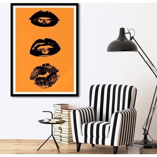 Black Lips Print Canvas Painting,Pop Art Poster,Yellow Wall Pictures,Modern Minimalist Fashion Style Home Decor