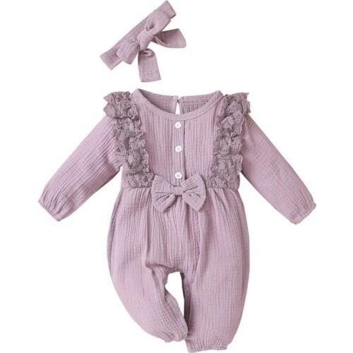 Baby Girl Romper 2021 Lace Sleepwear For Newborns Clothes Ruffles Bow Baby Girl Jumpsuit +Headband Baby Girl Clothes