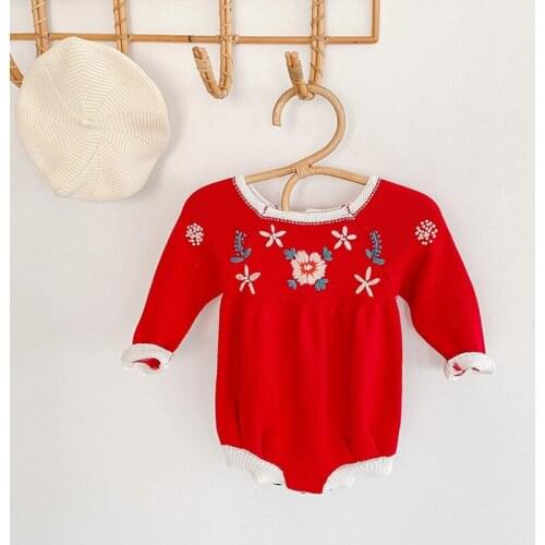 Baby Knit Bodysuits Baby Long Sleeve Jumpsuit Hand Embroidery Flower Baby Girls Clothing Infant Spring Autumn Clothing Outfit