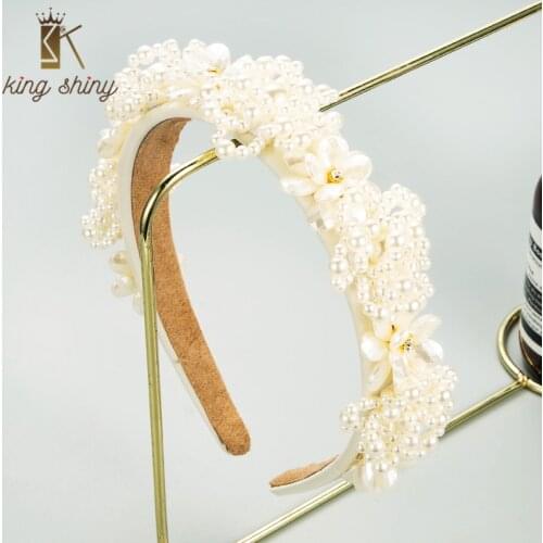 King Shiny Gorgeous Baroque Imitation Pearl Flower Headband Hand Full Simulated Pearl Hairband Bridal Wedding Hair Jewelry Bezel