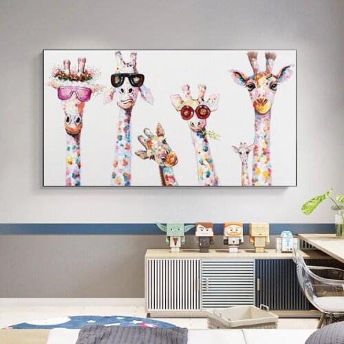 Colorful Giraffe Family Wearing Glasses Staring At Canvas Printing Poster Home Childrens Room Wall Art Decoration Picture