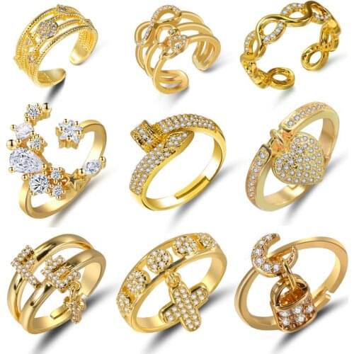 Hot Adjustable Ring gold Bohemian Copper Zircon CZ Rings for Women Party Wedding Jewelry Gift ins