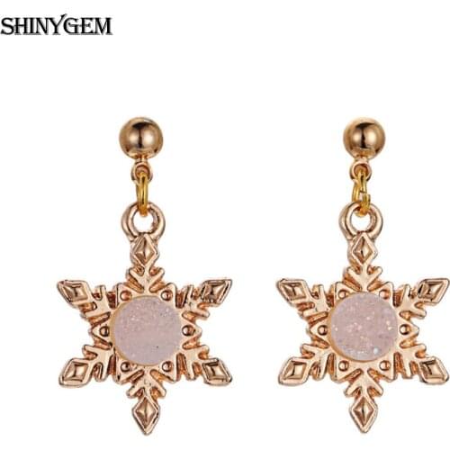 ShinyGem Fashion Golden Snowflake Druzy Stud Earrings Handmade Gold Leaf Pattern Natural Crystal Stone Opal Earrings For Women