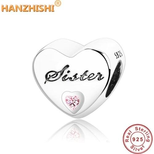 Wholesale Price Authentic 925 Sterling Silver Charm Bead Fit Charms Bracelet Sister Pink CZ Hearts Beads for Women girl Gift