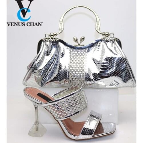 Latest Silver Color Italian Ladies Pointed Toe Shoes And Bags To Match Set African edding Pumps Shoes And Bag Set For Party