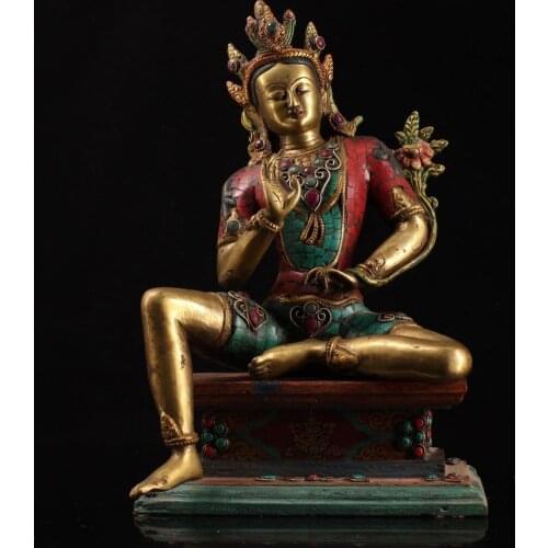13" Tibet Buddhism Temple bronze Inlaid gems Green Tara Buddha Statue Guanyin Avalokitesvara Buddha Statue Painted wood base