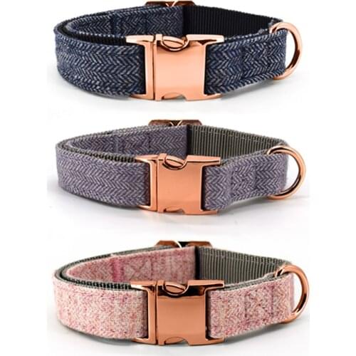 Tweed Fabric Adjustable Denim Puppy Dog Collar Rose Gold Buckle Pet Leash Set Dog Supplies For Outdoor Walking