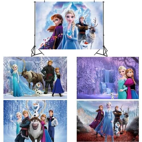 Disney Frozen Anna Elsa Theme Party Photo Background Kids Girls Happy Birthday Backdrop Vinyl Custom Photography Background Baby