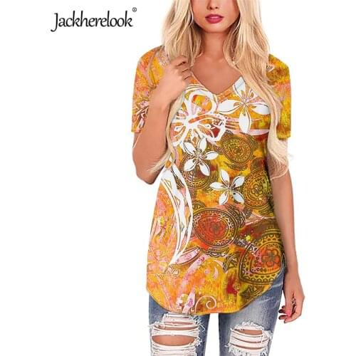 Jackherelook Loose Size Women Blouse Polynesian Tribal Hibiscus Print Casual Tops Shirts for Girls Short Sleeve Clothing Mujer