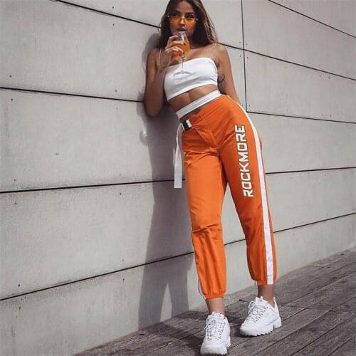 Women 2021 Pencil Pants Fashion Panelled Letter Printed Buckle Stretch High Waist Pants Streetwear Jogger Pants Bottom