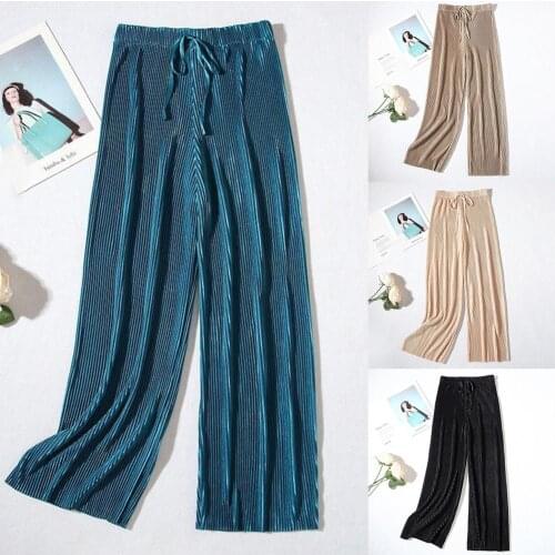 60%HOT Casual Women Ice Silk Loose High Waist Drawstring Capri Pants Wide Leg Trousers