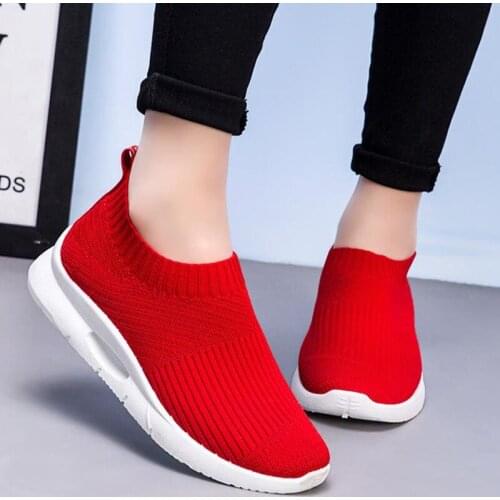 Womens Knitted Sneakers Mesh Solid Slip-On Shallow Female Vulcanized Shoes Fashion Comfortable Leisure Concise Ladies Footwear