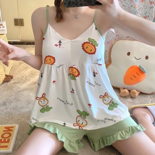 WAVMIT Summer Sexy Women Pajamas Set Sling Korea Short Tracksuit Girls Fashion Pijama Mujer Students Sleepwear with Chest Pad
