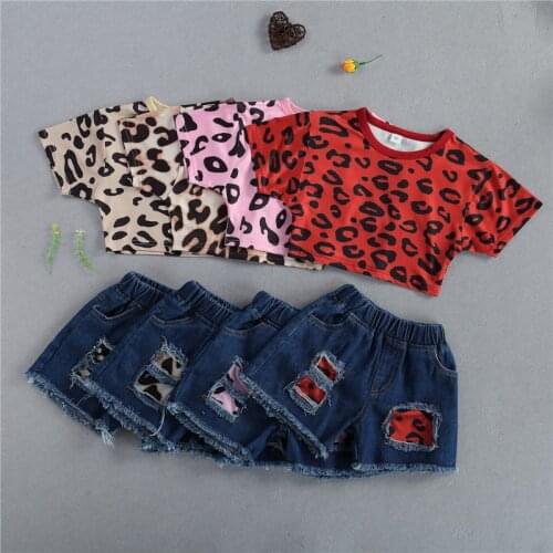 1-5Years Fashion Children Girls Casual Suits Leopard Print Short Sleeve T-shirts Crop Tops+Ripped Hole Denim Shorts Tracksuits