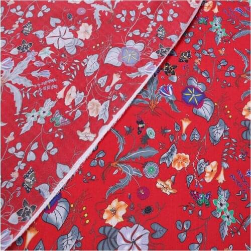 138cm*100cm Red Floral Natural Silk Fabric Stretch Satin Spandex