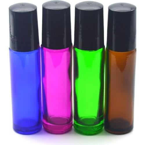 20pcs Empty 10ml Roller Glass Bottle Fragrance Perfume Essential Oil Colorful Bottle Roll-On Black Plastic Cap