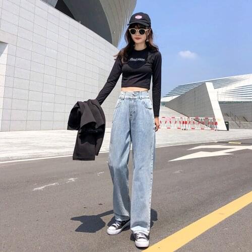 2021 New Denim High Waist Wide Leg Jeans Women Korean Version Light Blue Loose Retro Washed Denim Trousers Street Pants