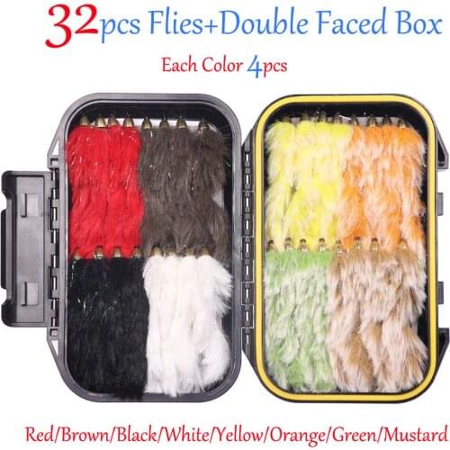 32pcs/box #4 Brass Conehead Faux Hare Strip Zonker Streamers Fly 8 Mix Colors Sinking Artifical Bait for Largemouth Bass Pike