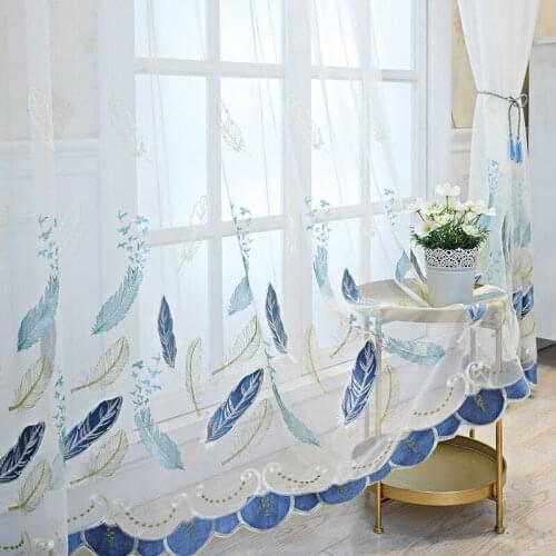 White embroidered feather morden tulle curtains for bedroom living room sheer curtains window drape