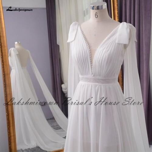 Lakshmigown Bohemian Dress Bridal Wedding Occasion 2021 Plunging Pleated Chiffon Long Beach Wedding Dresses Open Back with Cape