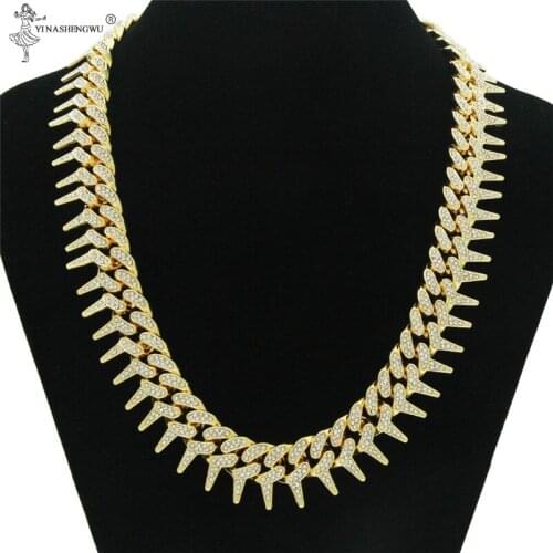 Barbed Cuban Link Mens Chain Zircon Hip Hop Necklace Choker Iced Rock Jewelry Rhinestone Chains Heavy Miami Copper Gold Color