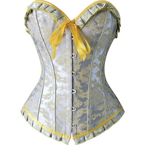 Womens Sexy Floral Boned Lace up Waist Cincher Overbust Corset Jacquard Ruffles Trim Corsets Bustiers Shapewear Corselet Top