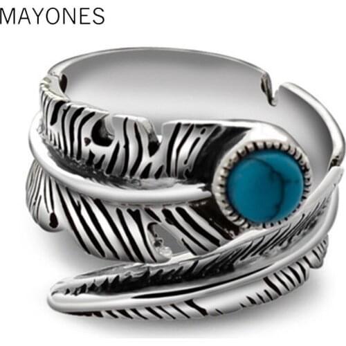 Natural Vintage Turquoises Feather Rings Solid 925 Sterling Silver Open Rings for Lovers' Jewelry Handmade Ring