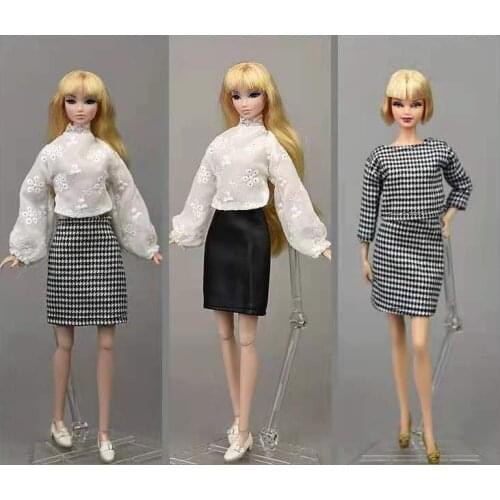 1/6 BJD Clothes Long Puff Sleeve Shirt Top Houndstooth Plaid Skirt For Barbie Dolls Accessories for Blythe Doll Outfits Toy Gift