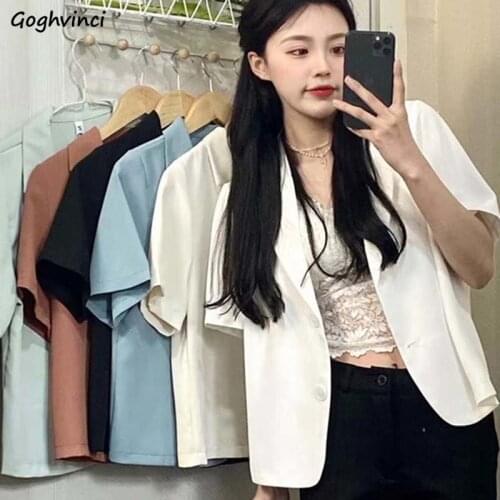 Single Breasted Blazers Women Summer Korean Style Loose Short Sleeve Solid Notched Suits Fresh Chic Office Lady Designs Outwear