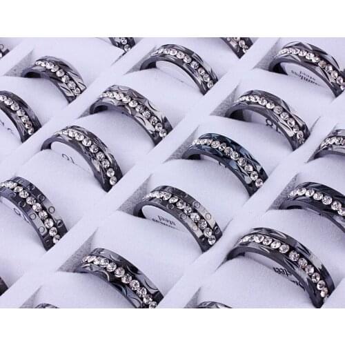 Wholesale Bulk Job 10Pcs 6MM Black Cubic Zirconia 316L Stainless Steel Ring Band Wedding Engagement Party Valentine Gift FREE
