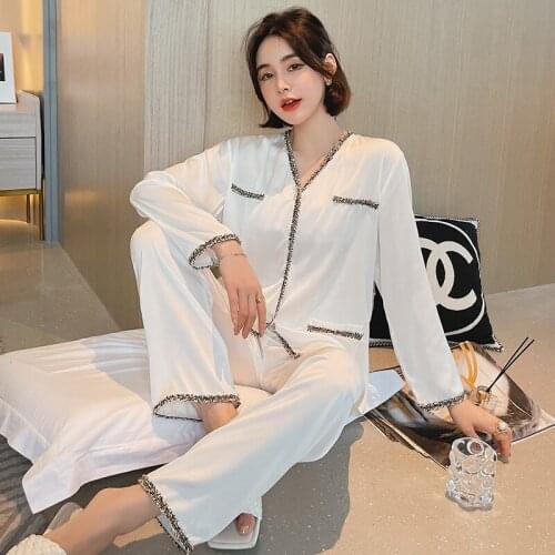 White V-neck Pajamas Set Women Satin Shirt&Pants Long Sleeve 2PCS Sleepwear Femme Trousers Suit Elastic Waist Pyjamas Pour