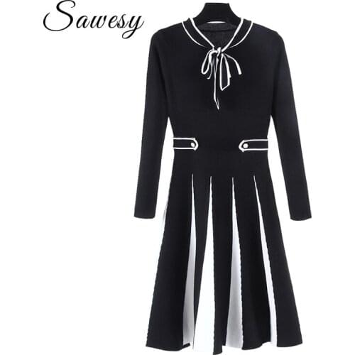 Casual Knitted Dresses Women New Arrival 2019 Autumn Long Sleeve Bow Collar Casual Striped Dress Ladies Black Sweater Dress