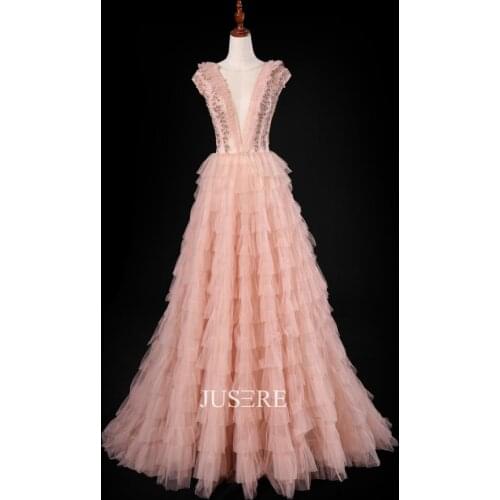 Jusere A-Line Pink V-neck Formal Gowns Evening Dresses Luxury dress A-line beaded party dress