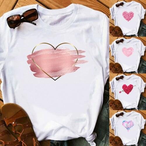 S-3XL Love Heart Flower Print ladies T-shirt New Fashion Casual Womens Valentines Day O-neck White Short Sleeve Shirt футболки