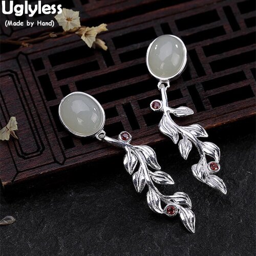 Uglyless Bohemian Exotic Handmade Leaf Fine Jewelry for Women Solid 925 Silver Leaves Earrings Gems Natural White Jade Earrings